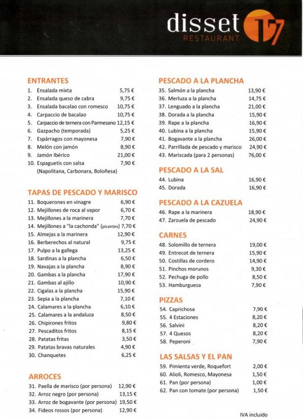 Carta del Restaurante Disset; Salou.Costa Dorada